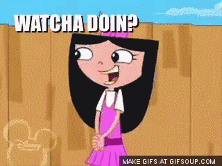 a girl from phineas and ferb is wearing a pink dress and tiara and says watcha doin