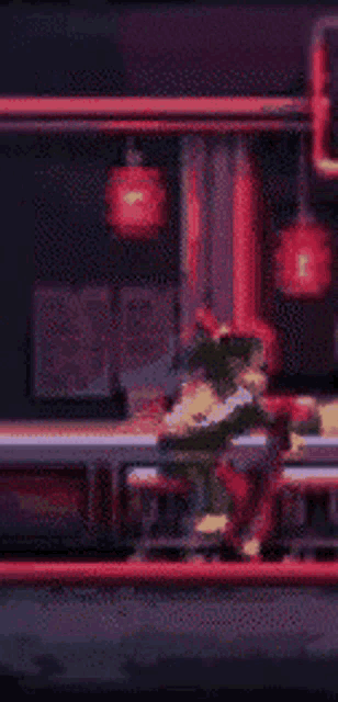a pixel art of a person standing in front of a building with lanterns .