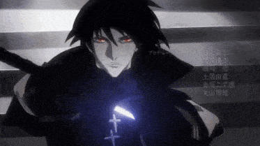 a man with red eyes is holding a sword with a cross on his chest