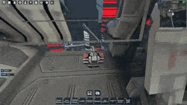 a screenshot of a video game shows a robot flying through a city .