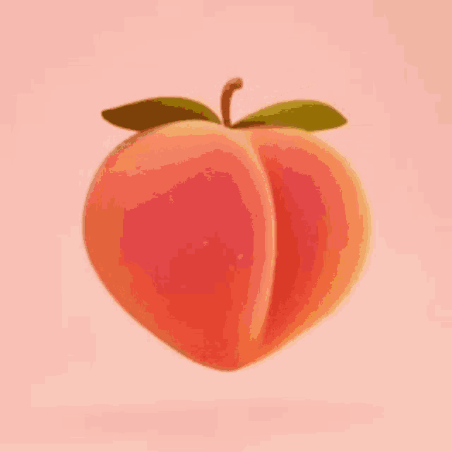 a peach with a green leaf is being touched by someone 's finger .