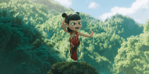 a cartoon character is standing on top of a rock in the middle of a forest