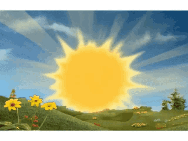 the sun is shining brightly over a field of yellow flowers