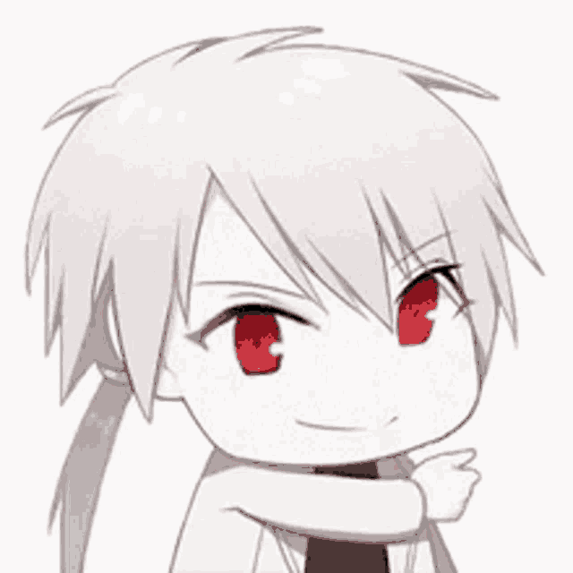 a close up of a cartoon character with red eyes and white hair .