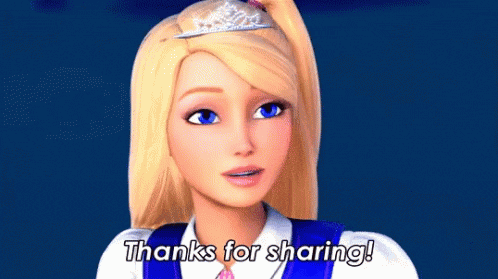 a barbie doll is wearing a tiara and saying thanks for sharing .