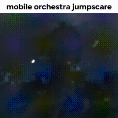 a poster for mobile orchestra jumpscare shows a man in a suit jumping in the air