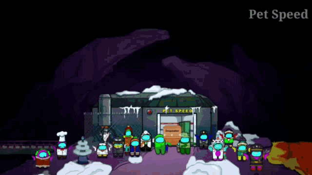 a group of among us characters standing in front of a pet speed building