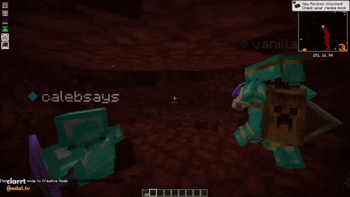 a screenshot of a minecraft game with the words calebsays and vanillaa at the top