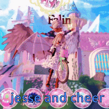 a girl with wings is riding a bike in front of a castle and the words jesse and cheer
