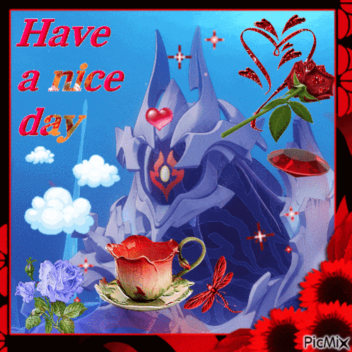 a picture that says have a nice day with a cup of tea and a rose