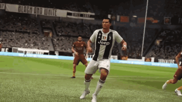 a soccer player in a jeep jersey runs on the field