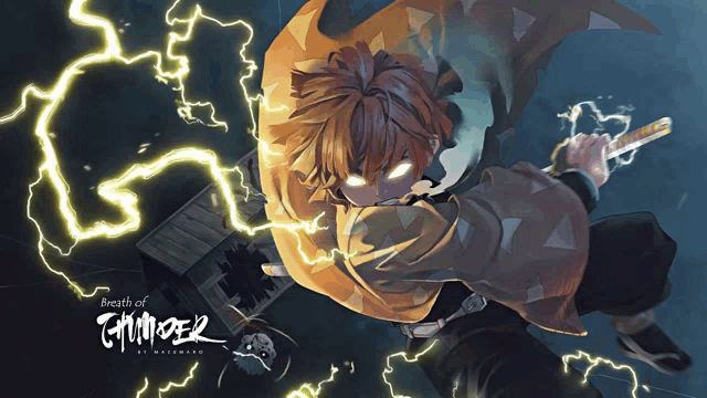 a poster for breath of thunder shows a man with a sword
