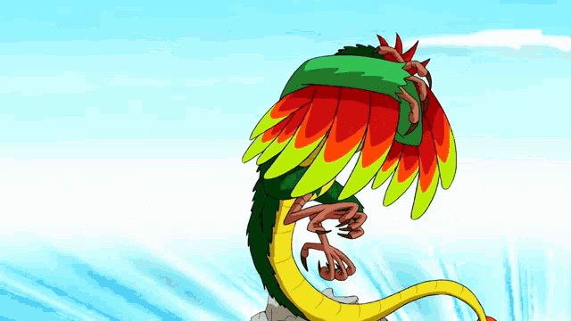 a cartoon drawing of a colorful dragon with a blue sky behind it