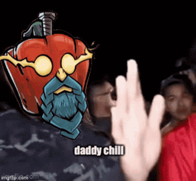 a cartoon character with a beard says " daddy chill " in front of a group of people