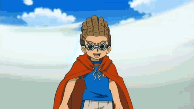 a cartoon character wearing a cape and goggles is standing in front of a cloudy sky .