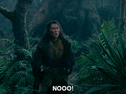a man is standing in the woods with his mouth open and the word nooo on the bottom