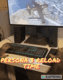 a computer with the words persona 3 reload time written on it