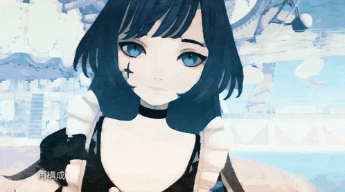 a drawing of a girl with blue eyes and a black choker