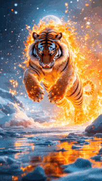 a tiger is jumping over a river surrounded by flames .