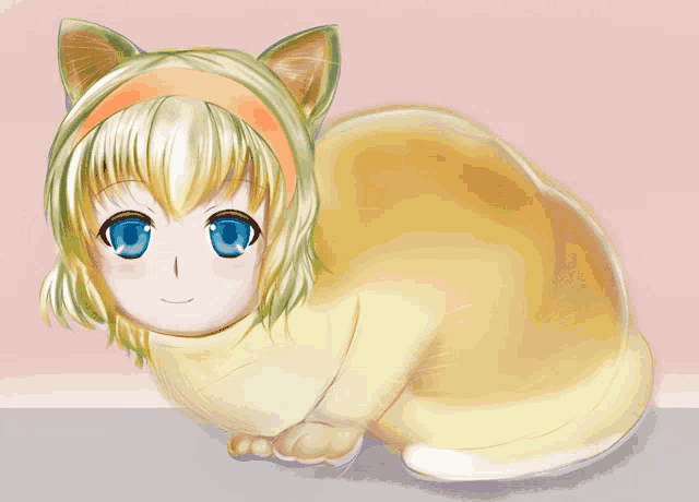 a girl with blonde hair and blue eyes is dressed like a cat