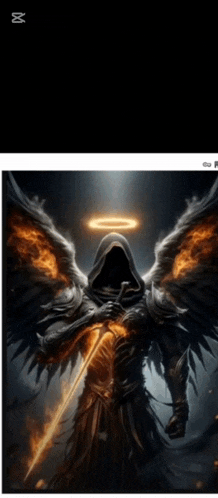 a grim reaper with flaming wings and a halo on his head
