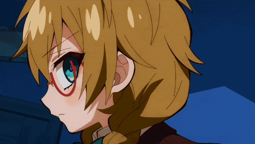 a close up of a anime character with glasses
