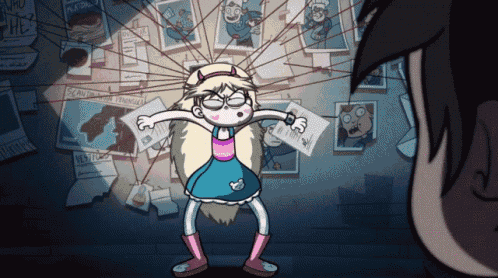 a star vs the forces of evil cartoon shows star standing in front of a wall of papers