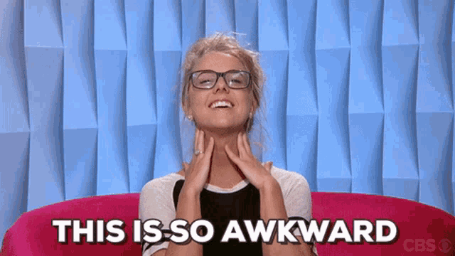 a woman sitting on a pink couch with the words this is so awkward