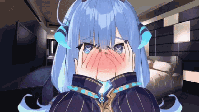 a blue haired anime girl with horns covering her face with her hands