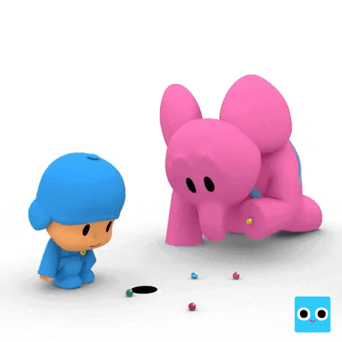 a cartoon character named pocoyo and a pink elephant are playing with marbles