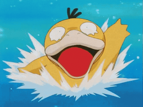 a yellow duck with its mouth open is swimming in the water .