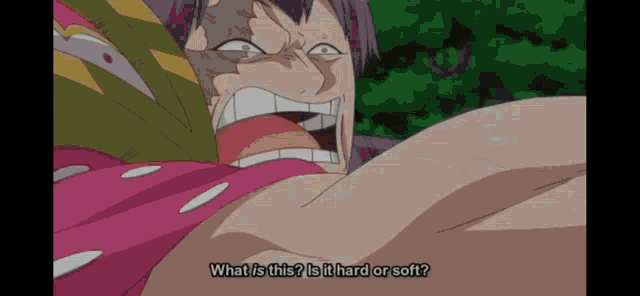 a cartoon character with purple hair says " what 's this ? is it hard or soft ? "