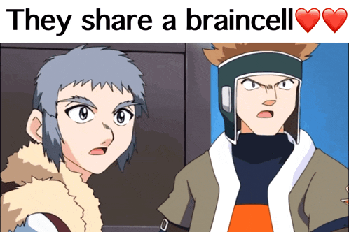 two cartoon characters with the words they share a braincell in the corner