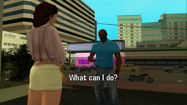 a man in a blue shirt is talking to a woman in front of a building that says ' clinica ' on it