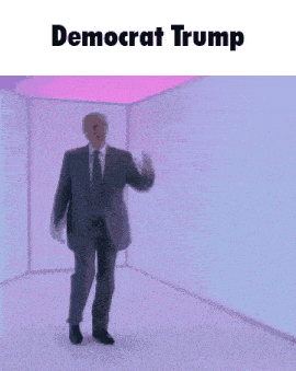 a man in a suit and tie is dancing in a room with the words democrat trump above him