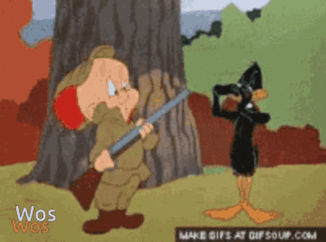 a cartoon of elmer fudd holding a rifle standing next to a duck
