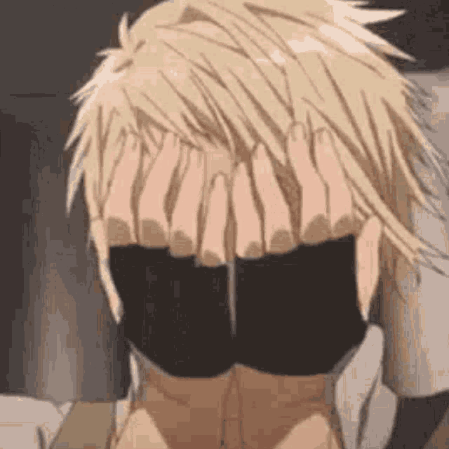 a man is covering his face with his hands in a cartoon .