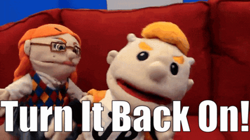 two puppet characters are sitting on a red couch with the words turn it back on written below them