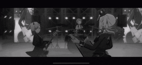 a black and white photo of a band playing instruments on a stage .