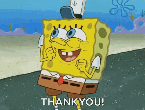 spongebob squarepants is giving a thank you gesture with his fist in the air .