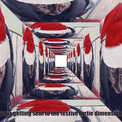 an optical illusion with santa hats and the words " your getting sent to the festive tortie dimension " on the bottom