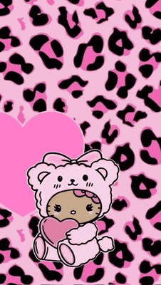 hello kitty is wearing a bear costume and holding a heart on a pink and black leopard print background .