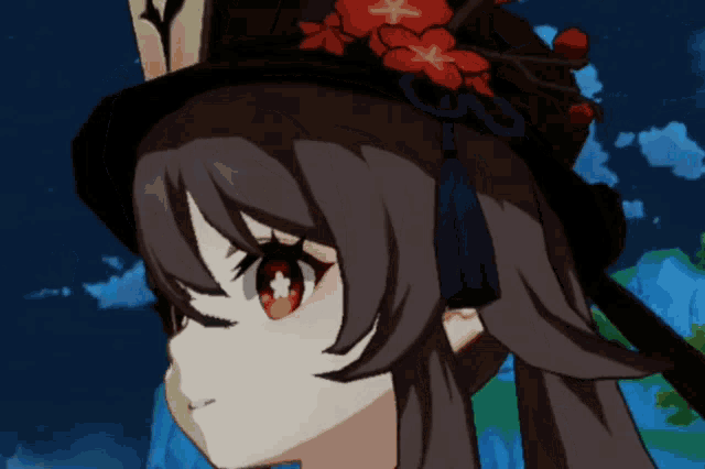 a girl wearing a hat with red flowers on it