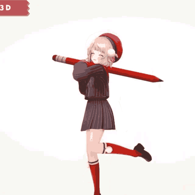 a 3d model of a girl holding a giant pencil