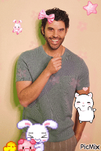 a man wearing a pink bow on his head is surrounded by pixelated animals and a picmix logo
