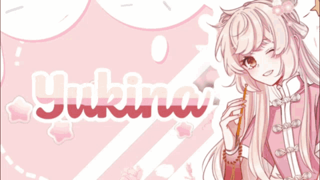 a girl with long blonde hair is holding a pencil in front of a sign that says yukina
