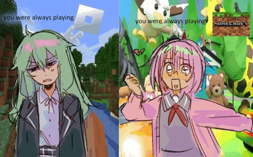 a drawing of a girl playing minecraft next to a drawing of another girl