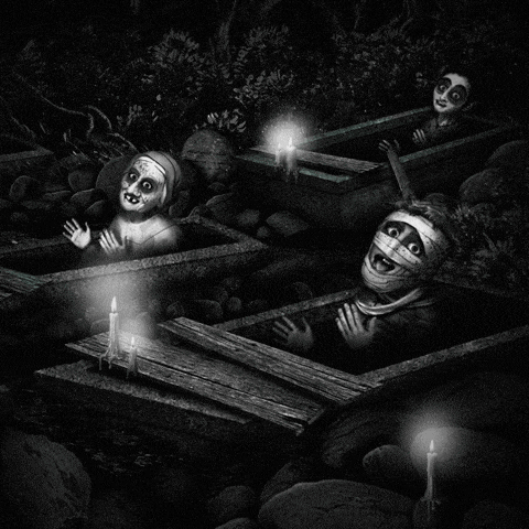 a black and white painting of a group of people in wooden coffins with candles