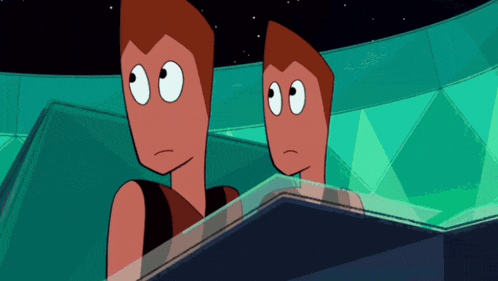 a couple of cartoon characters are looking at something