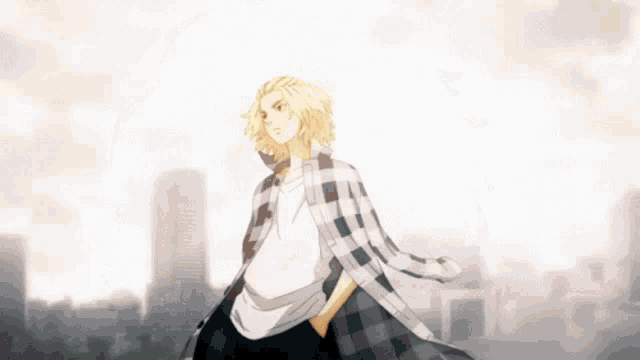 a man in a plaid shirt is walking in front of a city .